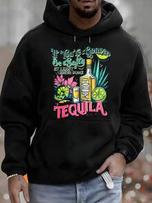 Men's Hoodie, Tequila Bottle Design, Lime Blossom, If You're Going To Be Salty, At Least Bring Some Tequila, Text Design, Versatile Casual Fashion For Autumn And Winter, Suitable For Leisure And Sportswear, Fashionable Gift, The Best Choice For Holiday Gifts. - 黑色 - 查看 6