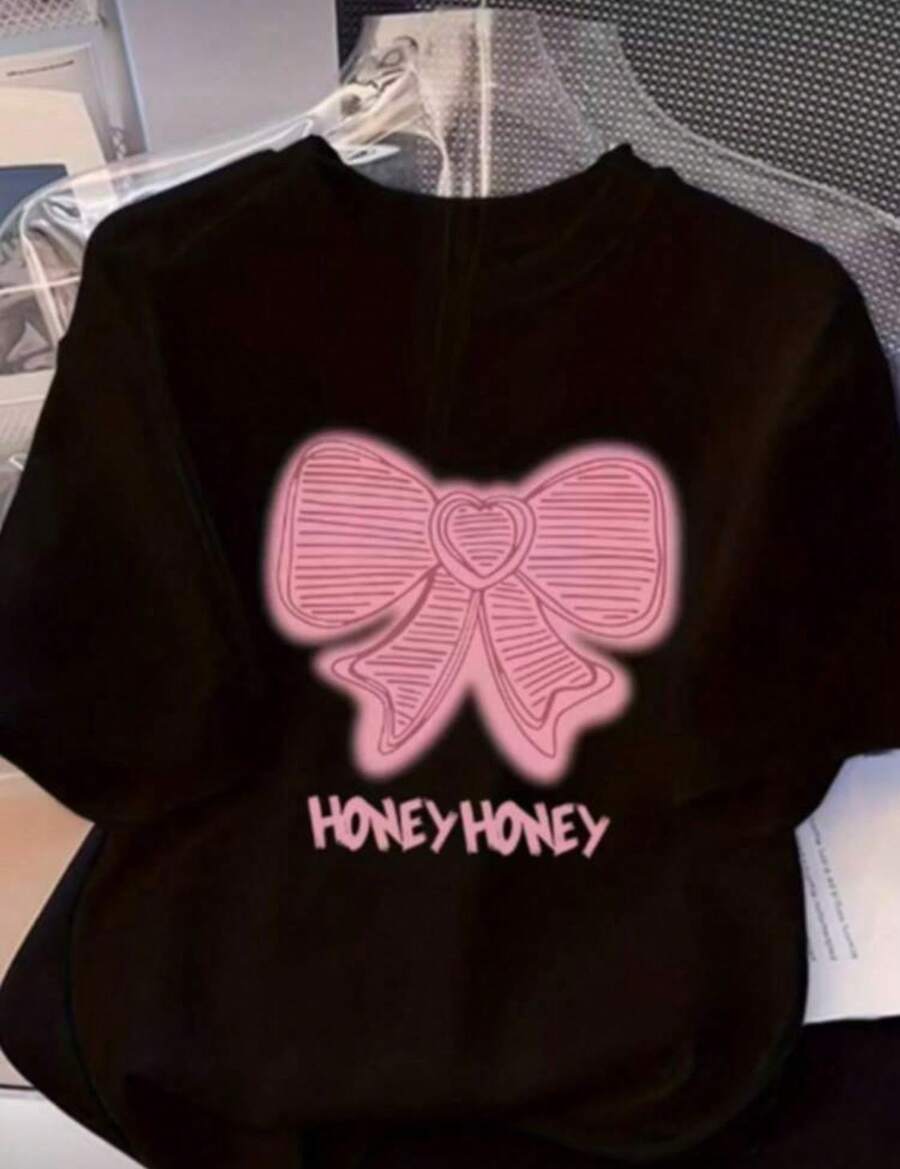 Camisa T-Shirt Laço honey Estilosa Despojada Manga Curta 100% Algodão - Preto - Visão 1