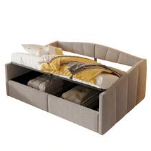 Sofá-cama Polsterbett 140*200, com armazenamento hidráulico, armazenamento em tela e apoios de braço, listras clássicas, versátil para casal, tecido de veludo macio ao toque, cinza claro - CINZA CLARO + Estofado + Quarto - Ver 5