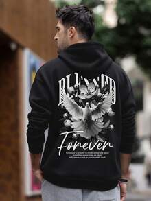 K-GLORY 男士连帽衫，新款秋冬街头风和平鸽和英文标语印花保暖套头卫衣 - 黑色 - 查看 2