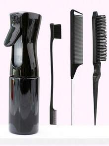 4pcs Spray Bottle And Hairbrush Set, 1 Spray Bottle + 1 Pointy Tail Comb + 1 Eyebrow Brush + 1 Fluffy Comb, Hair Brush For Boys And Girls, Comb Brush For Wet And Dry Curls, Parting Brush, Brush For Coarse And Fine Hair Treatment, Makeup, Black Five Set, Christmas Set Back-To-School Season - 黑色 - 查看 1