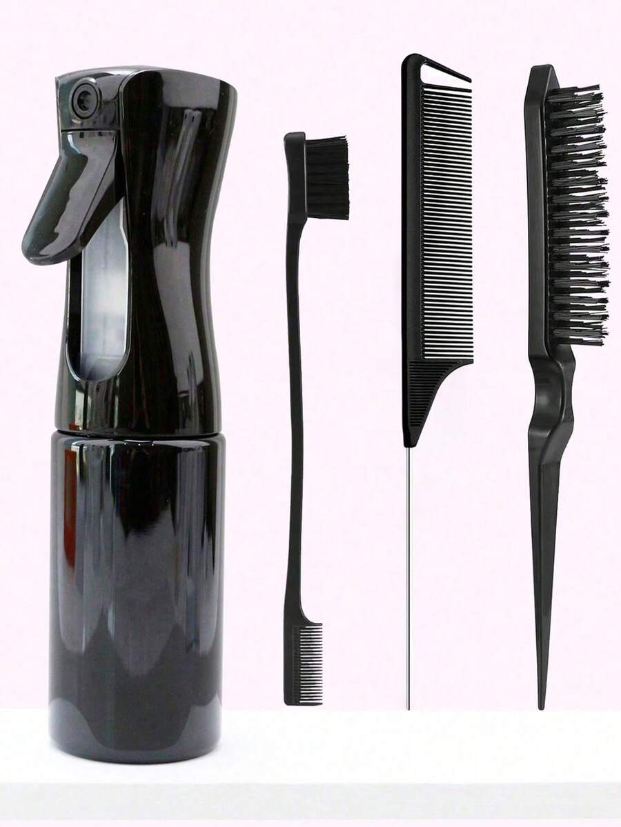 4pcs Spray Bottle And Hairbrush Set, 1 Spray Bottle + 1 Pointy Tail Comb + 1 Eyebrow Brush + 1 Fluffy Comb, Hair Brush For Boys And Girls, Comb Brush For Wet And Dry Curls, Parting Brush, Brush For Coarse And Fine Hair Treatment, Makeup, Black Five Set, Christmas Set Back-To-School Season - 黑色 - 查看 1