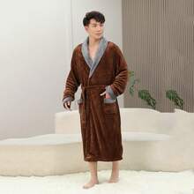 1 pezzo Accappatoio unisex per coppia e studenti, in flanella morbida e calda, casual da casa, con patchwork bicolore, colore unito, carino, con collo a revers, accappatoio da bagno, accappatoio da mattina, accappatoio lungo, abbigliamento da relax, per bagno, nuoto, viaggio, uso personale, regalo - Multicolore - Visualizzare 3