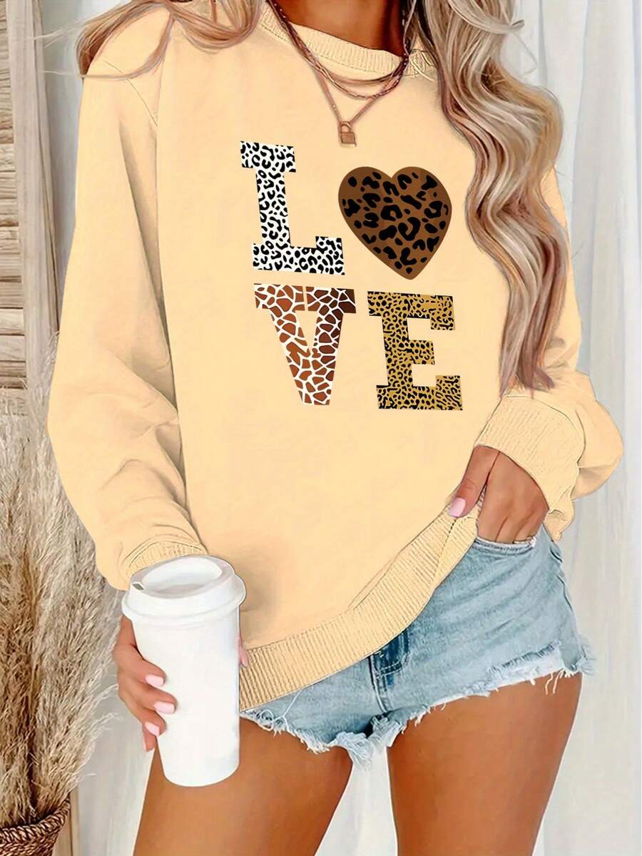 2026 Valentine's Day "LOVE" Pattern Printed Sweatshirt - Leopard Print And Glitter Decoration, Plus Size Women's Casual Long Sleeve Round Neck, Autumn And Winter Machine Washable Polyester Fabric, Suitable For Cheerleading Uniforms And Daily Outfits, Comfortable Fabric, Valentine's Day Gift Loose And Comfortable Winter Clothes For Women Women's Coats - 杏色 - 查看 1