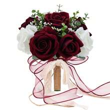 Burgundy And White Artificial Rose Bouquet, Suitable For Rustic Church Boho-Style Weddings Or As Table Decor, Also Can Be Used As A Tossing Bouquet