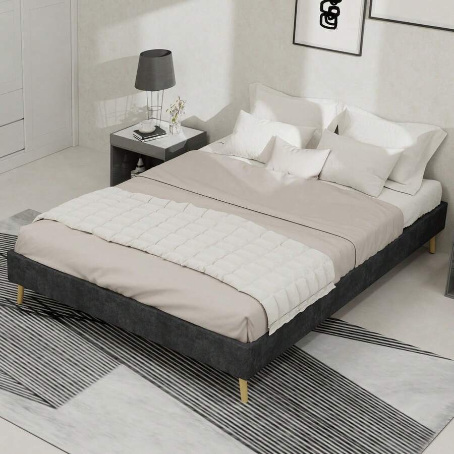 Minimalist Bed Frame 160x200 Cm, Beige Dutch Velvet Fabric, Low Profile Base, Modern Style, Without Gas Lift Mechanism, Headboard Or Mattress - Grey - View 1