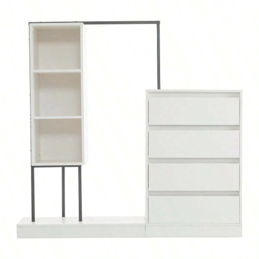 Schubladenschrank, Kleiderschrank-Set, White Kleiderschrank, Sideboard, Kleiderstange, Mass: B140/W40/H135,Weiß - 白色 - 查看 1