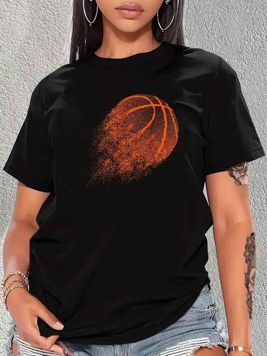 Basketball Player - Sports Lover Ball Game T-Shirt Print Crew Neck T-Shirt Women Graphic T Shirts Casual Short Sleeve T- - 黑色 - 查看 1