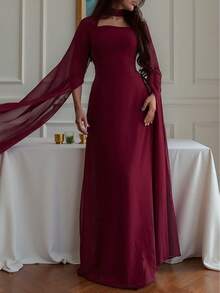 优雅时尚披肩袖宫廷风修身连衣裙，适合毕业典礼、婚礼等场合，高端优雅长袖斗篷式性感修身优雅长袖连衣裙，酒红色，春季必备 - 酒紅色 - 查看 5
