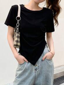 素色不對稱下擺T恤 - 黑色 - 查看 1