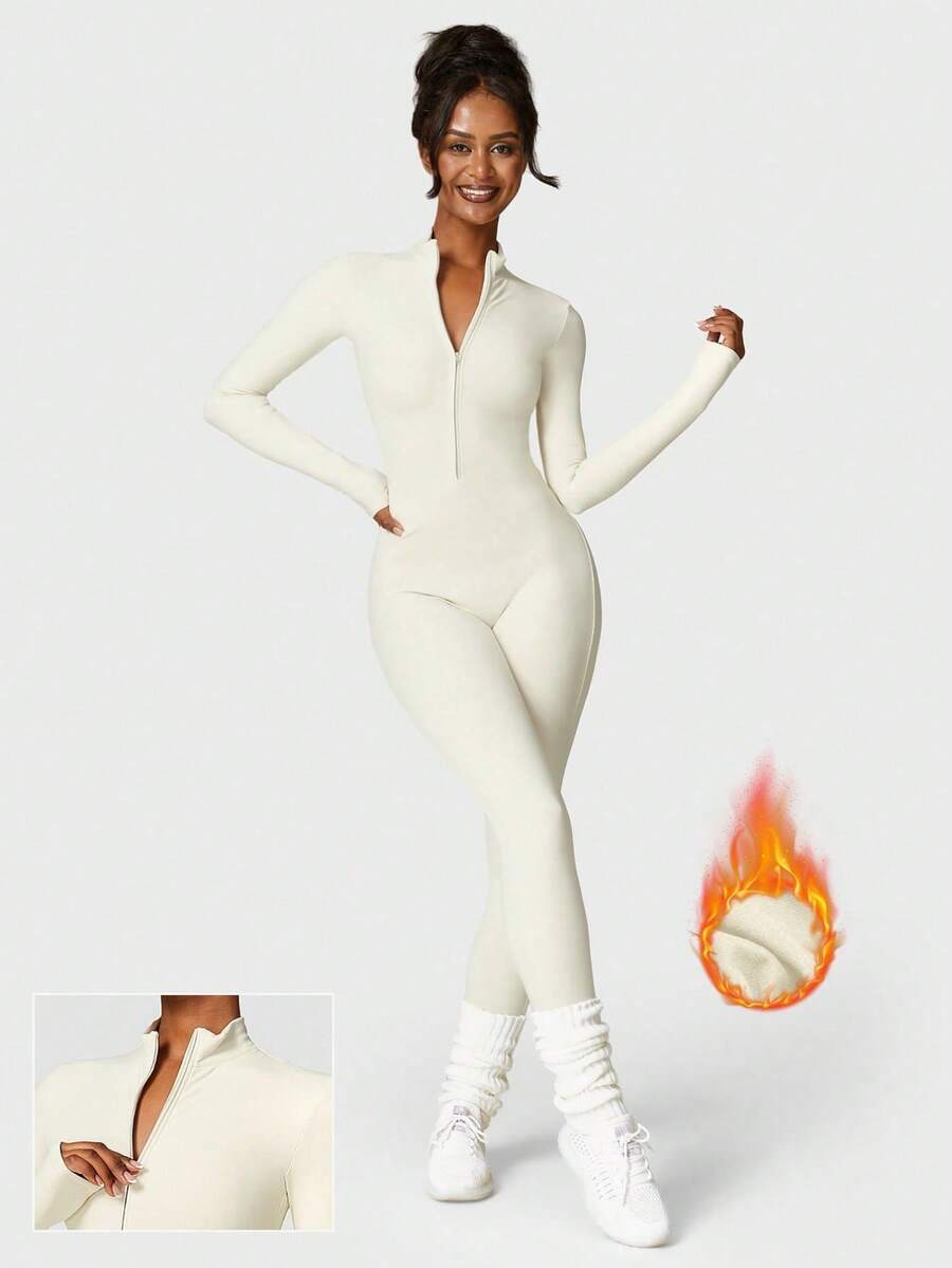 Women Fleece Long Sleeve Zipper Jumpsuit Zip Up Romper Bottom Pants Bodysuit Bodycon Sexy One Piece Winter Skiwear  Winter Clothes Winter Clothes Winter Clothes For Women Gym Clothes Women - Kem mơ - Xem 1