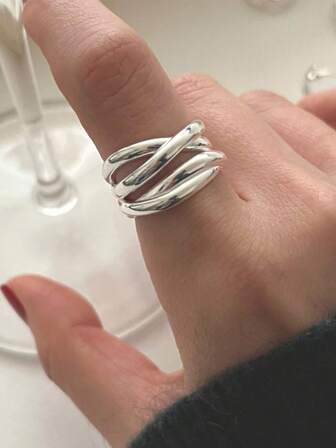 1pc Sterling 925 Silver Fashion Geometric Multi-Layer Lines Irregular Minimalist Opened Finger Ring For Women Daily Wearing Friendship Birthday Party Jewelry. Gift