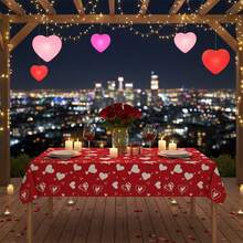 Valentine's Day Plastic Tablecloth Red Heart Disposable Romantic Rectangle Table Cloth For Dining Room - 紅色 - 查看 2