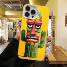 Cubierta de telefono con diseño de cactus y máscara  amarilla para uso diario en cafeterías - Negro - Ver 3