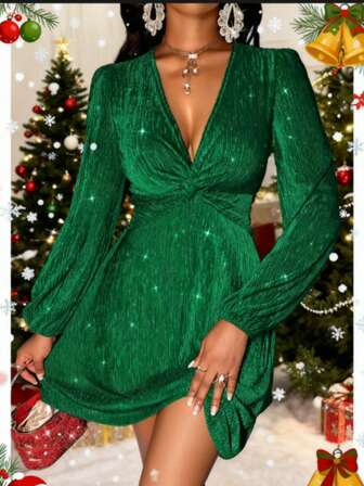 Amarilo Damen sexy tiefer V-Ausschnitt Twist Vorderseite Laternärmel Glitzerdetail Samt Kleid perfekt für Party, Weihnachtskleider für Frauen, grünes Weihnachtskleid
