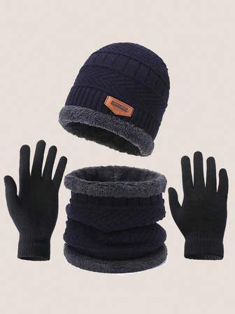 1 pieza/Set de 3 piezas Gorro de punto, bufanda y guantes de invierno, gorro elástico de doble capa + bufanda + guantes combinados, adecuado para el calor del invierno, regalo de Navidad, regalo de Año Nuevo, conjunto de calor para exteriores, color del forro aleatorio (Estilo 1 - Estilo 3 Colores aleatorios)