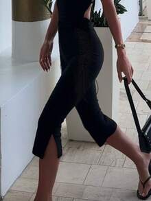 女士纯色紧身性感超低腰侧系带开叉中裤，适合日常穿着、通勤、约会、节日、派对、春夏季 - 黑色 - 查看 6