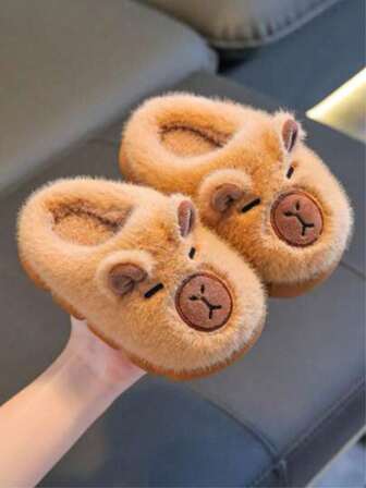 1 Pair Cartoon Capybara Animal Children's Slippers, With Warm Lining, Boys And Girls Indoor Home Slippers For Autumn/Winter, Non-Slip Kids Slippers, Suitable For Home And Outdoor Use