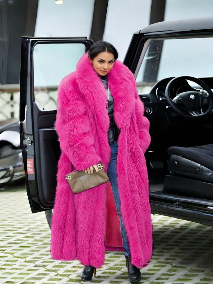 FHILLINUO Vibrant Pink Plus Size Long Faux Fur Coat With Waterfall Neckline And Fuzzy Texture Stylish Winter Outerwear - 玫紅色 - 查看 1