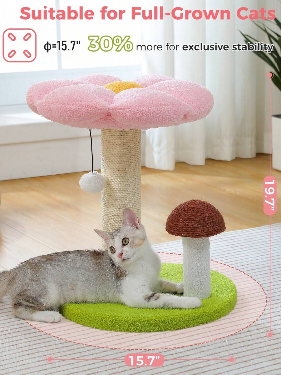 PAWZ Road Cat Scratching Post, Mushroom Cat Scratcher Cute Cat Tree Tower With Thick Scratching Post & Removable Flower Cats Bed [Dia=15.7''], Tall Post For Kittens And Indoor, Pink - Hồng 20" - Xem 1