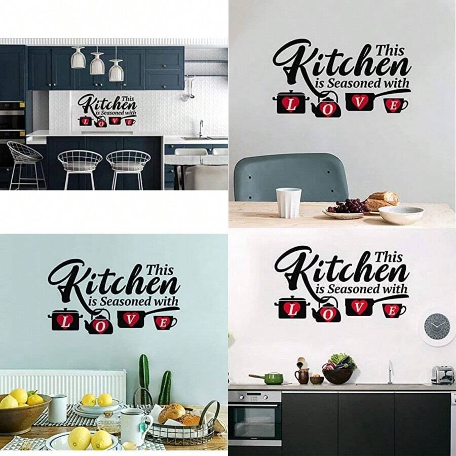 New Pegatinas de pared de cocina citas de amor de familia decoración de Hart rojo con texto en inglés "This Kitchen is Seasoned with Love for Kitchen Wall Stickers para comedor cocina decoración de cocina papel pintado para restaurante y cafetería" - Rojo - Ver 1