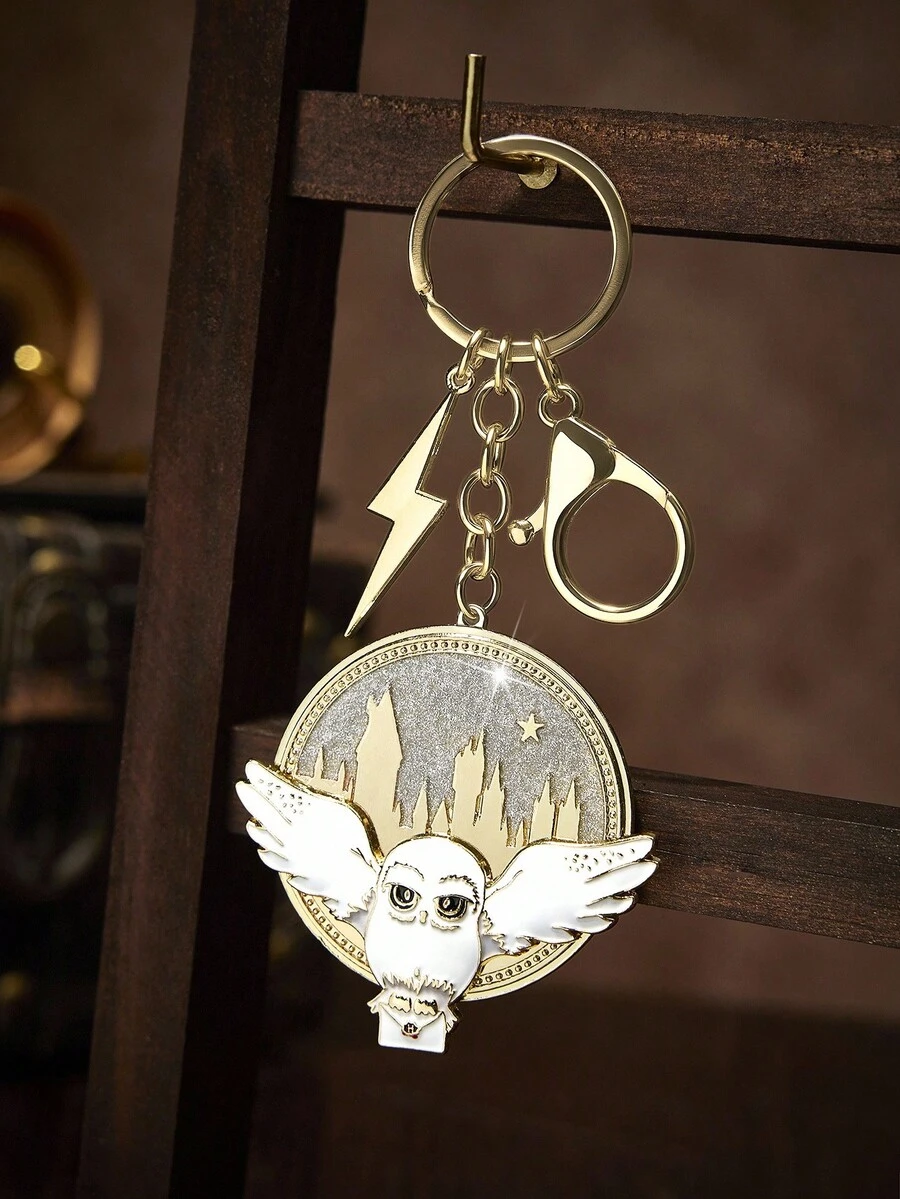 HARRY POTTER X SHEIN Rotating Glitter Zinc Alloy Cartoon Owl Keychain Bag Charm, Suitable For Gifts, Collection And Commemoration, Gold Color,Christmas,Gift Ideas - Multicolor - View 1