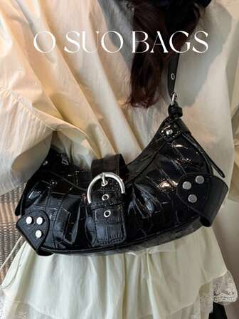 Y2K Vintage Biker Bag, New High-End Versatile Pleated Underarm Bag, Commuter One Shoulder Crossbody Bag, Fashion Punk Rivet Shoulder Bag