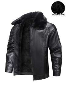 Thermal Lined Warm Motorcycle Jacket For Men, Simple Versatile Waterproof Thick Collar Leather Coat, Winter - Black - View 2