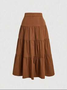 Liuhan Modas Ata Decintura Skirt In Sordaeminina Color With Pleated Three-Tiered Trim - 咖啡色1 - 查看 2