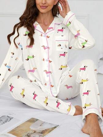 2pcs Casual Animal Cute Dachshund Print Women Pajama Set, Comfortable Long Sleeve Collar Top And Elastic Waist Pants, Sleepwear For Holiday Party, Loungewear For Women All Season, Fall & Winter Clothes