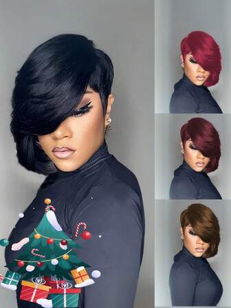 Short Wigs For Women Human Hair Pixie Cut Wig With Side Bangs Chocolate Brown, Black, 99J Burgundy Colored Pixie Wigs For Women Human Hair Full Machine Made Wig Glueless Wig None Lace Front Wig Haircut Layered Short Wigs For Christmas, Daily Use