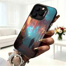 Cubierta de telefono con diseño de paisaje misterioso azul oscuro con silueta de persona y flores en camino iluminado para uso diario en cafeterias y salas de estar - Negro - Ver 6