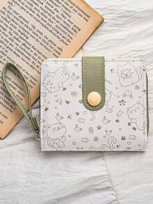 Cute Petite Cat Design Wallet, Women's Small Zipper Purse With Card Holder, Fresh Japanese Style - Green - View 5