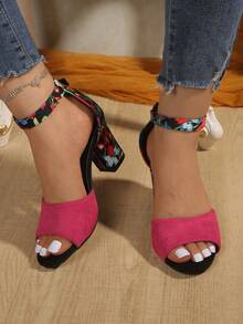 Women's Chunky Heel Sandals Open Toe Casual Shoes, Ditsy Floral Peep Toe High Heels, Versatile For Dresses And Parties, Plus Size - Rose Red - View 3
