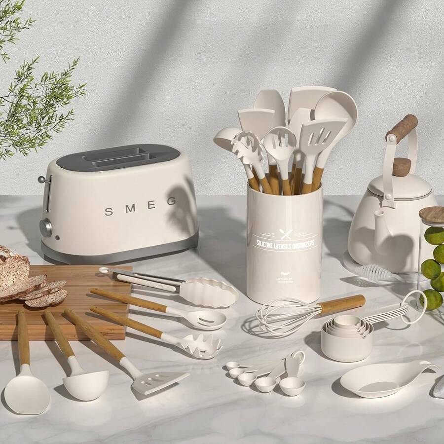 Kitchen Utensil Set - 33-Piece Silicone Kitchen Utensil Set With Holder, Heat-Resistant Kitchen Utensil Brush Set For Non-Stick Cookware, Black Wooden Handle Kitchen Gadget Set, Father's Gift - Grey - View 1