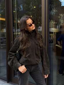 Áo khoác bomber giả da lộn dành cho nữ, áo khoác da PU, áo khoác có khóa kéo, áo khoác bóng chày tay dài phong cách đường phố, áo khoác ngoài phong cách đường phố. - Màu xám đen - Xem 8