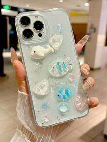 时尚新款树脂闪光海星鱼图案保护手机壳，兼容 17/16/15/14/13/12/11，创意全包防震保护套 - 無色 - 查看 3