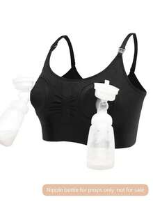 Schwarzer Hände-freier Stillbh mit Milchpumpe, Stillbh mit Frontverschluss für Schwangerschaft und Stillen (Flasche ist ein Requisit, nicht zum Verkauf) - Schwarz - Übersicht 5