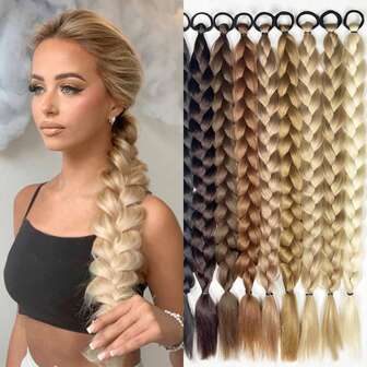 2 Pieces Synthetic Long Twisted Ponytail Hair Extensions With Elastic Band, No Glue Required, Easy And Convenient To Wear, 24-Inch Boxer Braid Hair Extensions, Suitable For Women's Daily Use, Can Also Be Used As Hair Accessories Or Decorative Accessories, Glue-Free Wigs.