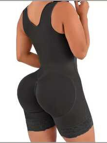 Women's Elegant Beige Tummy Control Full-Zip Bodysuit With Lace Trim & Back Zipper - 3-Row Button Closure, Adjustable Spaghetti Strap Slim-Fit Shaping Suit For Everyday & Special Occasions, Hand Washable (No Padding) - màu đen - Xem 6