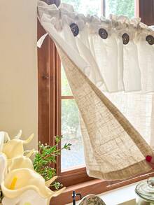 1件，波西米亚乡村风米色仿亚麻面料，白色荷叶边双层椰子纽扣饰边短窗帘，适用于小窗户、咖啡厅窗帘、橱柜、客厅、卧室和厨房装饰 - 米色 - 查看 10