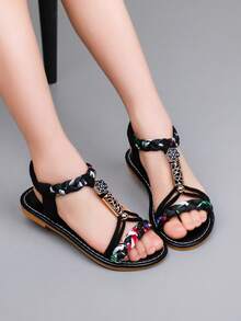 Girls' Sandals, New Summer Roman Shoes, Casual Flat Sandals, Toddler & Little Kid Soft Bottom Printed Open Toe Beach Shoes - Black - View 1