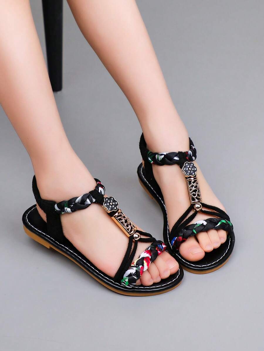 Girls' Sandals, New Summer Roman Shoes, Casual Flat Sandals, Toddler & Little Kid Soft Bottom Printed Open Toe Beach Shoes - Black - View 1