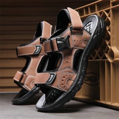 Men's All-Season Sandals, Fashionable Outdoor Sports Sandals For Summer, Adjustable Hook & Loop Closure Design, Outdoor Casual Men's Shoes, Flat Sandals