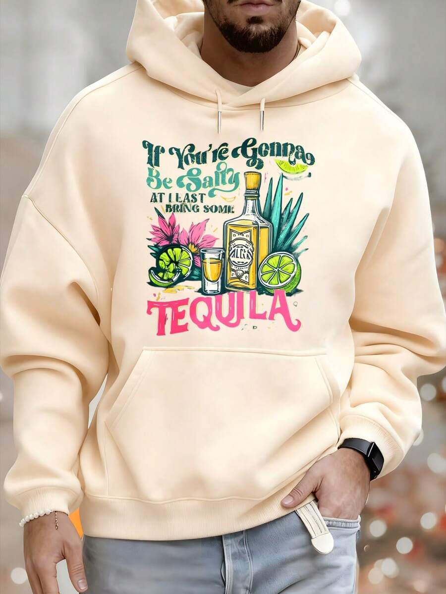 Men's Hoodie, Tequila Bottle Design, Lime Blossom, If You're Going To Be Salty, At Least Bring Some Tequila, Text Design, Versatile Casual Fashion For Autumn And Winter, Suitable For Leisure And Sportswear, Fashionable Gift, The Best Choice For Holiday Gifts. - 杏色 - 查看 1