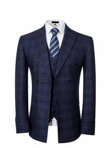 Elegant Men's Suits 3 Piece Set Regular Fit Dress Tuxedo For Men Two Button Plaid Casual Button Front Daily Anniversary Garden Holiday Going Out Formal Jacket Vest Pants Set Size XS-XXXL Clothes For Men - 寶藍藍格 - 查看 2