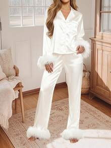 Women's 2 Piece Lounge Set Long Sleeve Lapel Button Up Satin Shirt Pants Sleepwear Sets - 白色 - 查看 3