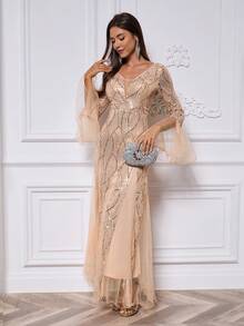 女士V领亮片撞色网纱优雅收腰喇叭长袖长款正式晚礼服、派对礼服、婚礼宾客礼服 - 金色 - 查看 5