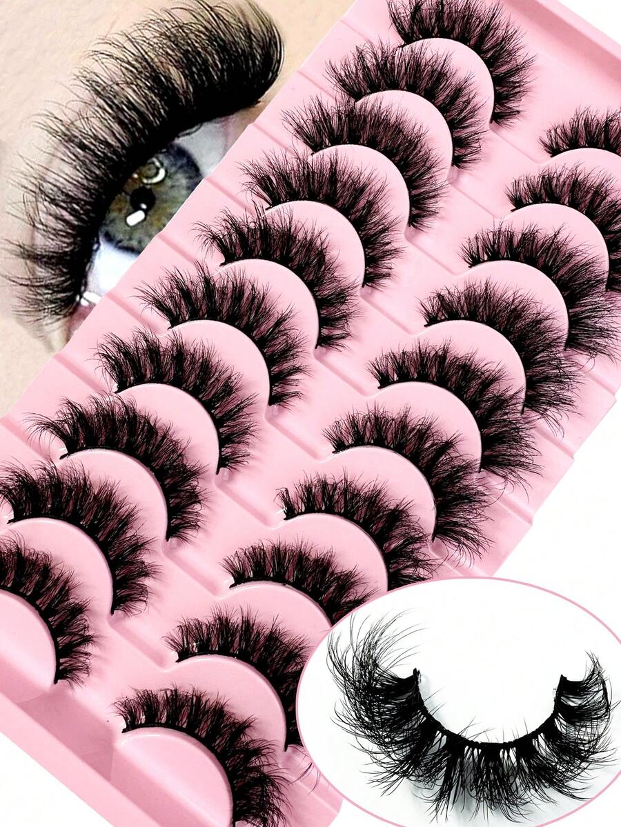 2026 100% Cruelty Free Lashes Reusable Short Natural Eyelashes Strip Lashes, Lashes, Eyelashes, Fake Lashes 5D Fluffy Lashes,Cat Eyelashes,10 Pair 18mm 22mm D Curl Fluffy Faux Mink Lashes,Dramatic Thick Volume Fake Lashes Cat For Makeup Beauty-C12 - 黑色 - 查看 1