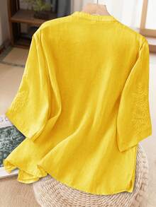 Áo cánh vải lanh rộng rãi thêu bất đối xứng màu trơn mùa xuân và mùa hè cho nữ - Màu vàng - Xem 2
